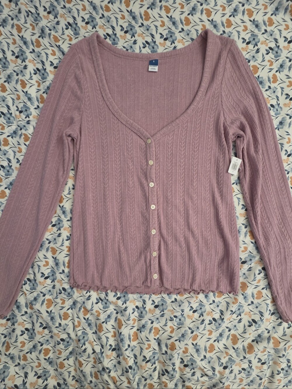 Ribbed Button-Front Long Sleeve Top - Mauve Pink